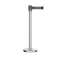 Retractable Belt Barrier Stanchion, Sloped Base, Polished Stainless Steel Post, 7.5 ft Belt - Montour Line M530