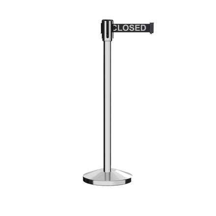 Retractable Belt Barrier Stanchion, Sloped Base, Polished Stainless Steel Post, 7.5 ft Belt - Montour Line M530