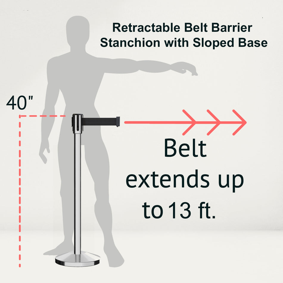 Retractable Belt Barrier Stanchion, Sloped Base, Polished Stainless Steel Post, 13 ft Belt - Montour Line M530