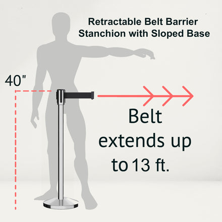 Retractable Belt Barrier Stanchion, Sloped Base, Polished Stainless Steel Post, 13 ft Belt - Montour Line M530