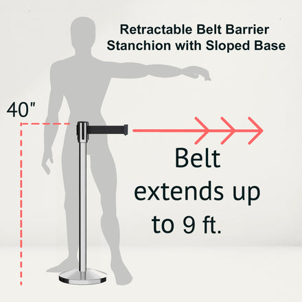 Retractable Belt Barrier Stanchion, Sloped Base, Polished Stainless Steel Post, 9 ft Belt - Montour Line M530