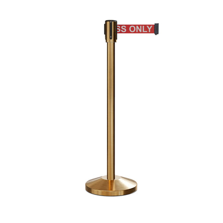 Retractable Belt Barrier Stanchion, Sloped Base, Satin Brass Post, 9 ft Belt - Montour Line M530