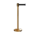 Retractable Belt Barrier Stanchion, Sloped Base, Satin Brass Post, 9 ft Belt - Montour Line M530