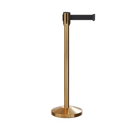 Retractable Belt Barrier Stanchion, Sloped Base, Satin Brass Post, 9 ft Belt - Montour Line M530