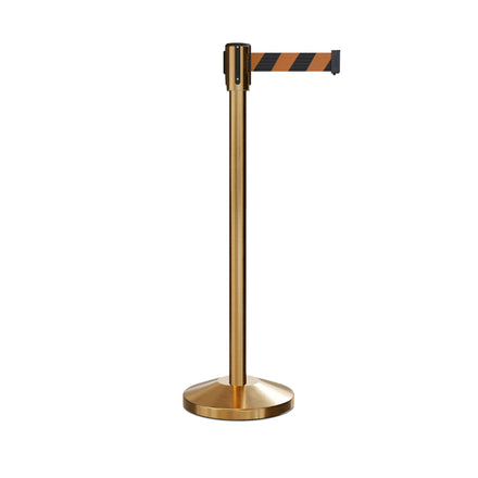Retractable Belt Barrier Stanchion, Sloped Base, Satin Brass Post, 9 ft Belt - Montour Line M530