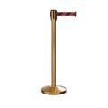 Retractable Belt Barrier Stanchion, Sloped Base, Satin Brass Post, 9 ft Belt - Montour Line M530