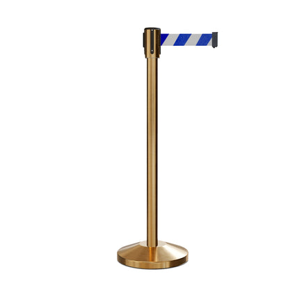 Retractable Belt Barrier Stanchion, Sloped Base, Satin Brass Post, 13 ft Belt - Montour Line M530