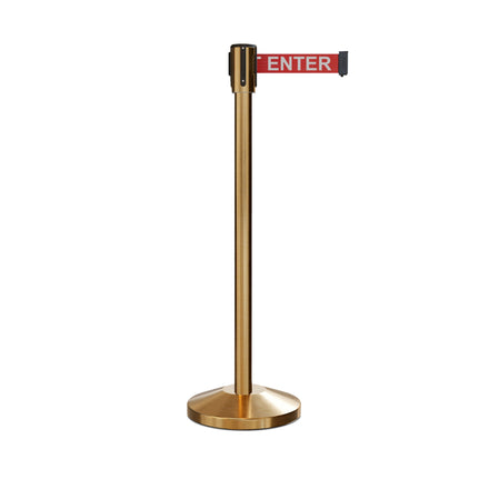 Retractable Belt Barrier Stanchion, Sloped Base, Satin Brass Post, 9 ft Belt - Montour Line M530