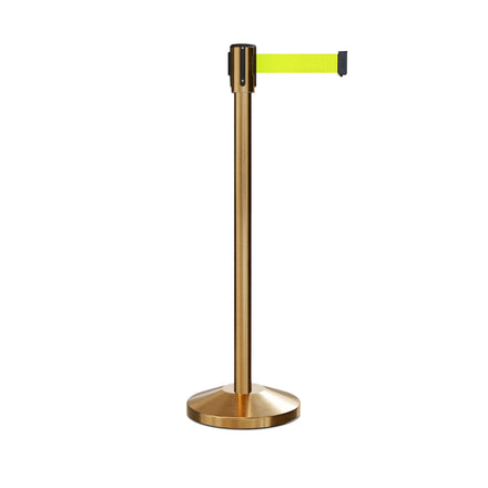 Retractable Belt Barrier Stanchion, Sloped Base, Satin Brass Post, 13 ft Belt - Montour Line M530