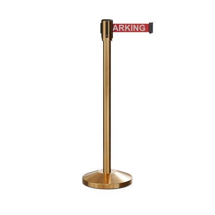 Retractable Belt Barrier Stanchion, Sloped Base, Satin Brass Post, 9 ft Belt - Montour Line M530