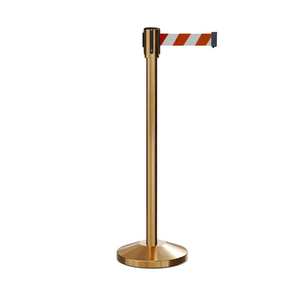 Retractable Belt Barrier Stanchion, Sloped Base, Satin Brass Post, 9 ft Belt - Montour Line M530