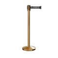 Retractable Belt Barrier Stanchion, Sloped Base, Satin Brass Post, 9 ft Belt - Montour Line M530