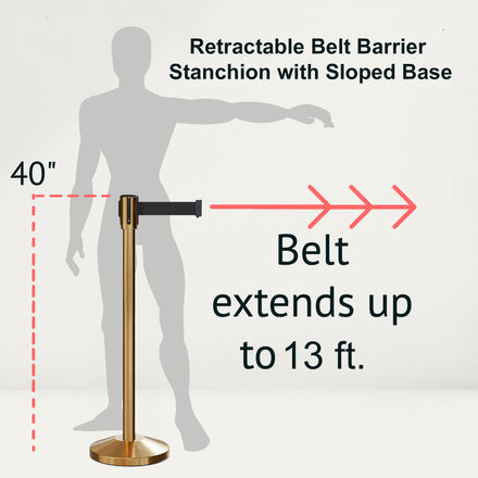 Retractable Belt Barrier Stanchion, Sloped Base, Satin Brass Post, 13 ft Belt - Montour Line M530