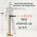 Retractable Belt Barrier Stanchion, Sloped Base, Satin Brass Post, 9 ft Belt - Montour Line M530