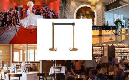Retractable Belt Barrier Stanchion, Sloped Base, Satin Brass Post, 11 ft Belt - Montour Line M530