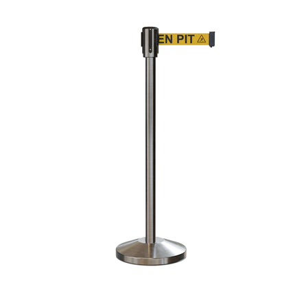 Retractable Belt Barrier Stanchion, Sloped Base, Satin Stainless Steel Post, 9 ft Belt - Montour Line M530