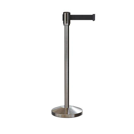 Retractable Belt Barrier Stanchion, Sloped Base, Satin Stainless Steel Post, 9 ft Belt - Montour Line M530