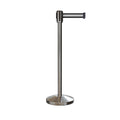 Retractable Belt Barrier Stanchion, Sloped Base, Satin Stainless Steel Post, 11 ft Belt - Montour Line M530