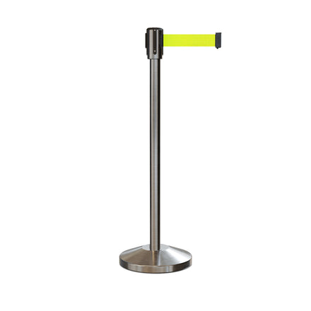 Retractable Belt Barrier Stanchion, Sloped Base, Satin Stainless Steel Post, 9 ft Belt - Montour Line M530