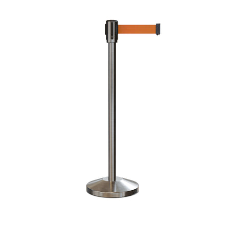 Retractable Belt Barrier Stanchion, Sloped Base, Satin Stainless Steel Post, 9 ft Belt - Montour Line M530