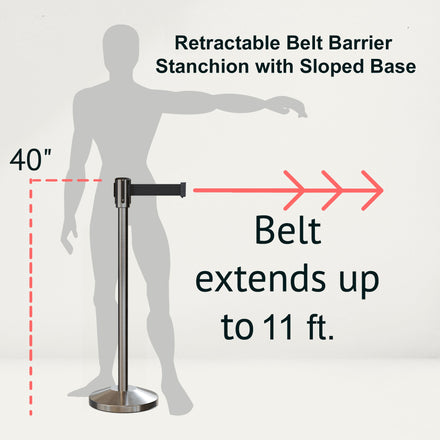 Retractable Belt Barrier Stanchion, Sloped Base, Satin Stainless Steel Post, 11 ft Belt - Montour Line M530
