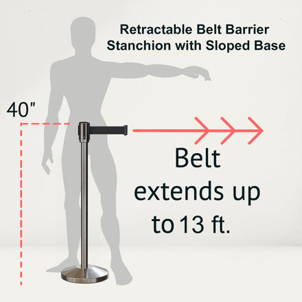 Retractable Belt Barrier Stanchion, Sloped Base, Satin Stainless Steel Post, 13 ft Belt - Montour Line M530