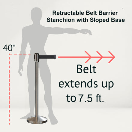 Retractable Belt Barrier Stanchion, Sloped Base, Satin Stainless Steel Post, 7.5 ft Belt - Montour Line M530