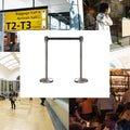 Retractable Belt Barrier Stanchion, Sloped Base, Satin Stainless Steel Post, 7.5 ft Belt - Montour Line M530