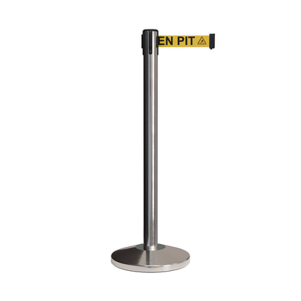 Retractable Belt Barrier Stanchion, Polished Stainless Post, 7.5 Ft. Belt - CCW Series RBB-100