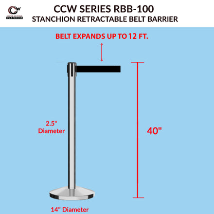 CCW Series RBB-100 Retractable Belt Barrier Polished Stainless Post - 12 Ft. Belt