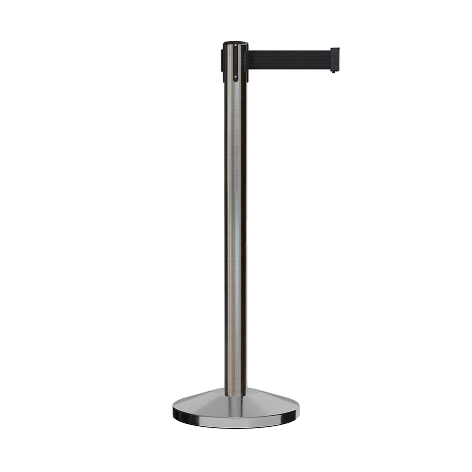 Retractable Belt Barrier Stanchion, Satin Stainless Steel Post, 7.5 Ft. Belt - Montour Line M630