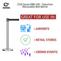 CCW Series RBB-100 Retractable Belt Barrier Polished Stainless Steel Post - 11 Ft. Belt