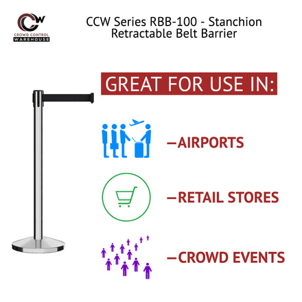 CCW Series RBB-100 Retractable Belt Barrier Polished Stainless Post - 12 Ft. Belt