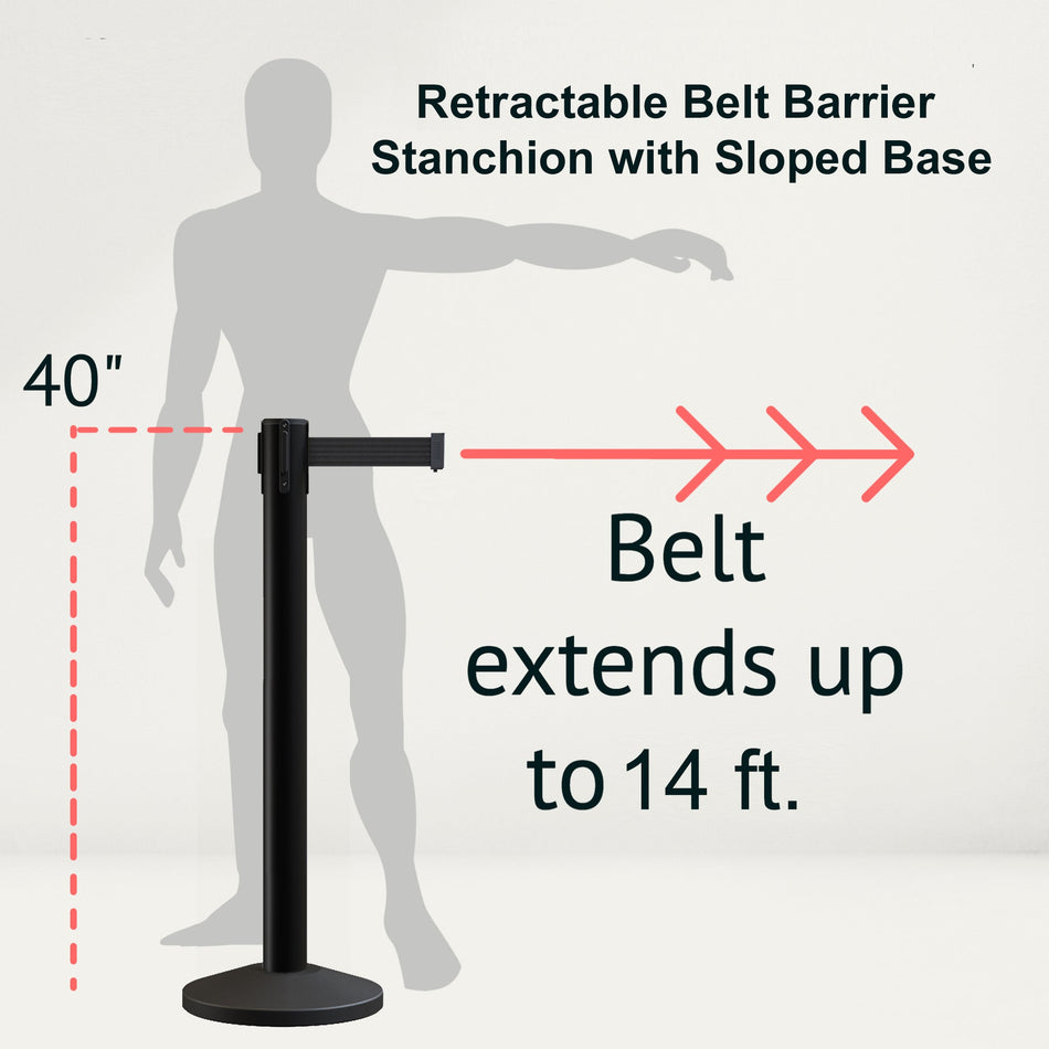 Retractable Dual Belt Barrier Stanchion, Sloped Base, Black Post, 14 ft Belt - Montour Line M650