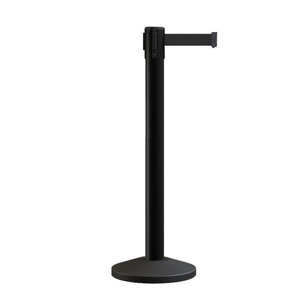 Retractable Dual Belt Barrier Stanchion, Sloped Base, Black Post, 14 ft Belt - Montour Line M650