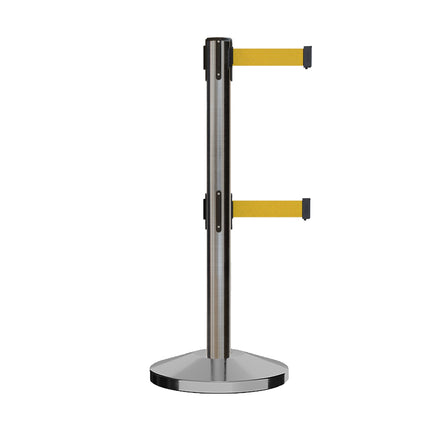 Retractable Dual Belt Barrier Stanchion, Sloped Base, 14 ft Belt - Montour Line M650D