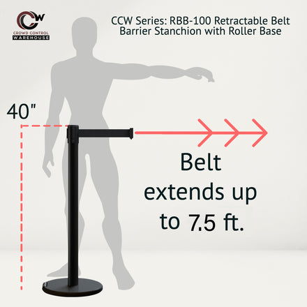 Retractable Belt Barrier Stanchion, Rolling Base, Black Steel Post, 7.5 ft Belt - Montour Line ME630