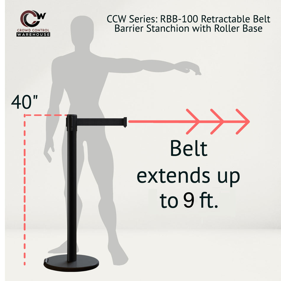 Retractable Belt Barrier Stanchion, Rolling Base, Black Steel Post, 9 ft Belt - Montour Line ME630