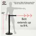 Retractable Belt Barrier Stanchion, Rolling Base, Black Steel Post, 9 ft Belt - Montour Line ME630