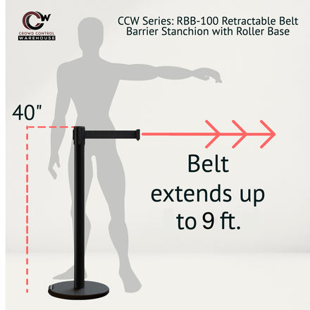 Retractable Belt Barrier Stanchion, Rolling Base, Black Steel Post, 9 ft Belt - Montour Line ME630