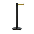 Retractable Belt Barrier Stanchion, Rolling Base, Black Steel Post, 7.5 ft Belt - Montour Line ME630