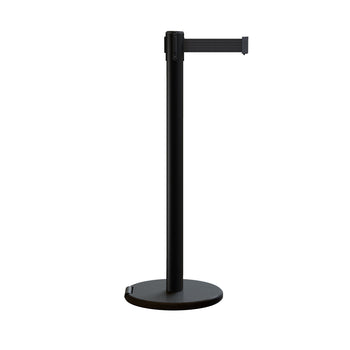 Retractable Belt Barrier Stanchion, Rolling Base, Black Steel Post, 11 ft Belt - Montour Line ME630