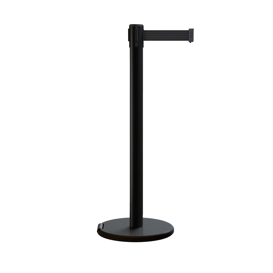 Retractable Belt Barrier Stanchion, Rolling Base, Black Steel Post, 7.5 ft Belt - Montour Line ME630