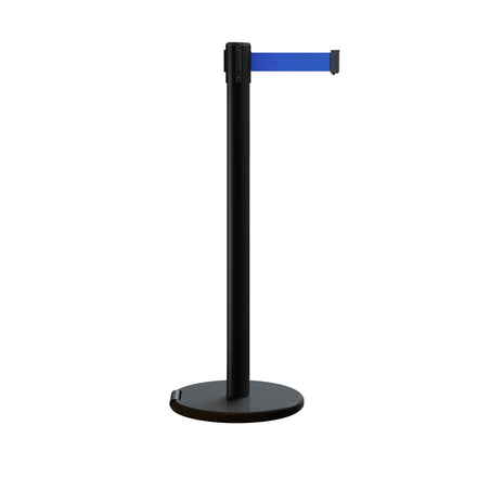 Retractable Belt Barrier Stanchion, Rolling Base, Black Steel Post, 7.5 ft Belt - Montour Line ME630