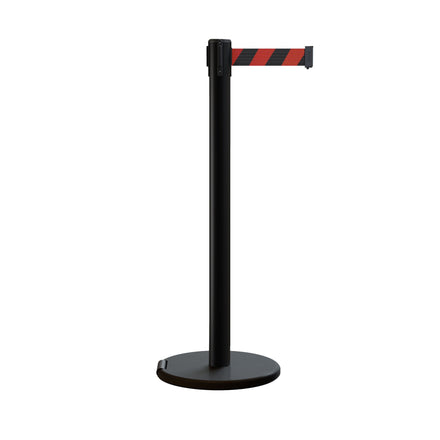 Retractable Belt Barrier Stanchion, Rolling Base, Black Steel Post, 7.5 ft Belt - Montour Line ME630