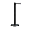 Retractable Belt Barrier Stanchion, Rolling Base, Black Steel Post, 7.5 ft Belt - Montour Line ME630
