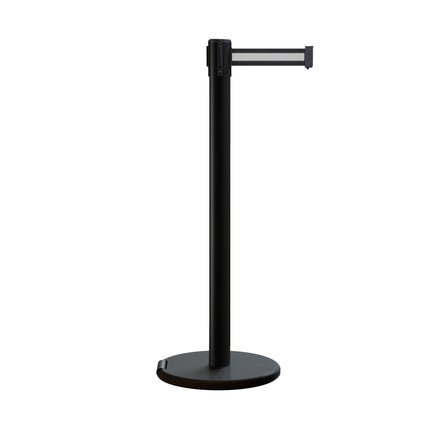 Retractable Belt Barrier Stanchion, Rolling Base, Black Steel Post, 7.5 ft Belt - Montour Line ME630