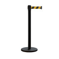 Retractable Belt Barrier Stanchion, Rolling Base, Black Steel Post, 9 ft Belt - Montour Line ME630