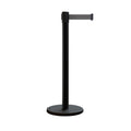 Retractable Belt Barrier Stanchion, Rolling Base, Black Steel Post, 7.5 ft Belt - Montour Line ME630