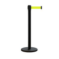 Retractable Belt Barrier Stanchion, Rolling Base, Black Steel Post, 7.5 ft Belt - Montour Line ME630